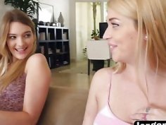 Blonde lesbians Kenna and Jenna licking on couch