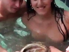 Slutty college babes fucked in pool gangbang