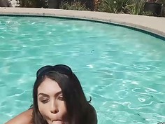 Slutty GF wet blowjob and asshole reamed by the pool